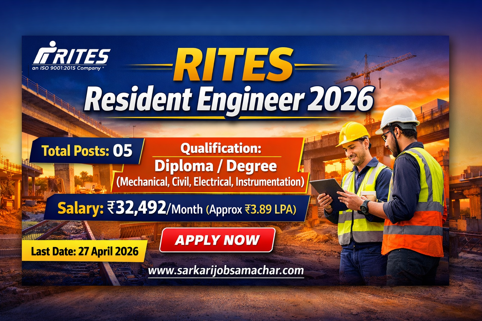 RITES Limited Resident Engineer Recruitment 2026 – Contract Basis (Mechanical/Civil/Electrical/Instrumentation)